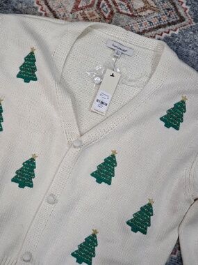 Francesca's Cream Cardigan with Green & Gold Christmas Tree Embroidery